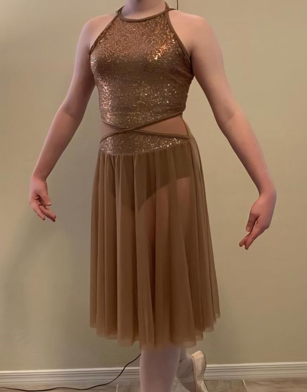 Tan Sequin Fringe Midi Dress Size AME (Adult Medium) Girls Performance Dancewear